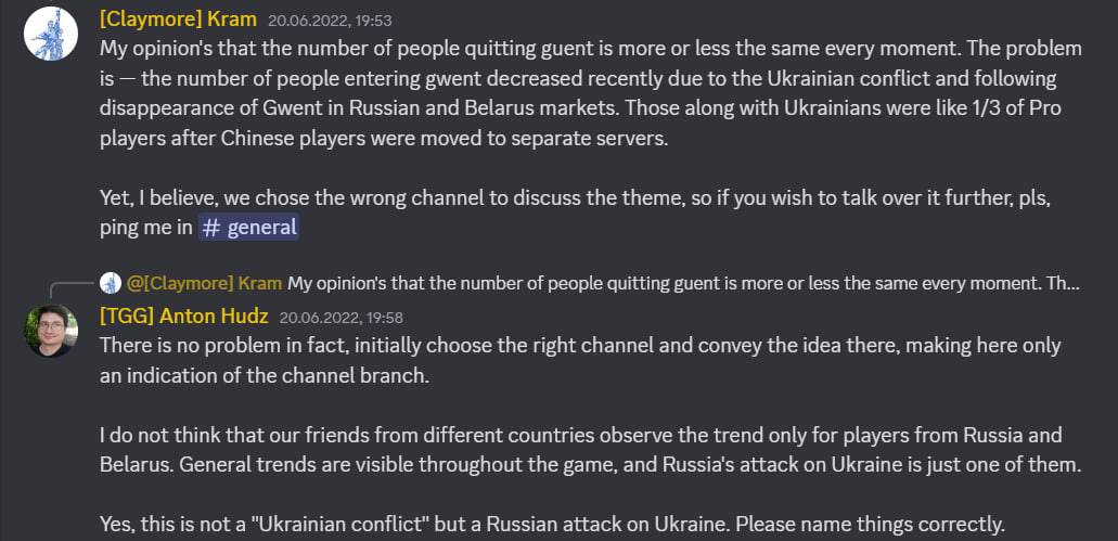Screenshot from the Gwent partner Discord server: a member of the Belarusian-Russian Gwent project 'Claymore' convinces the founder of TgGwent that the outflow of Russian players is significant