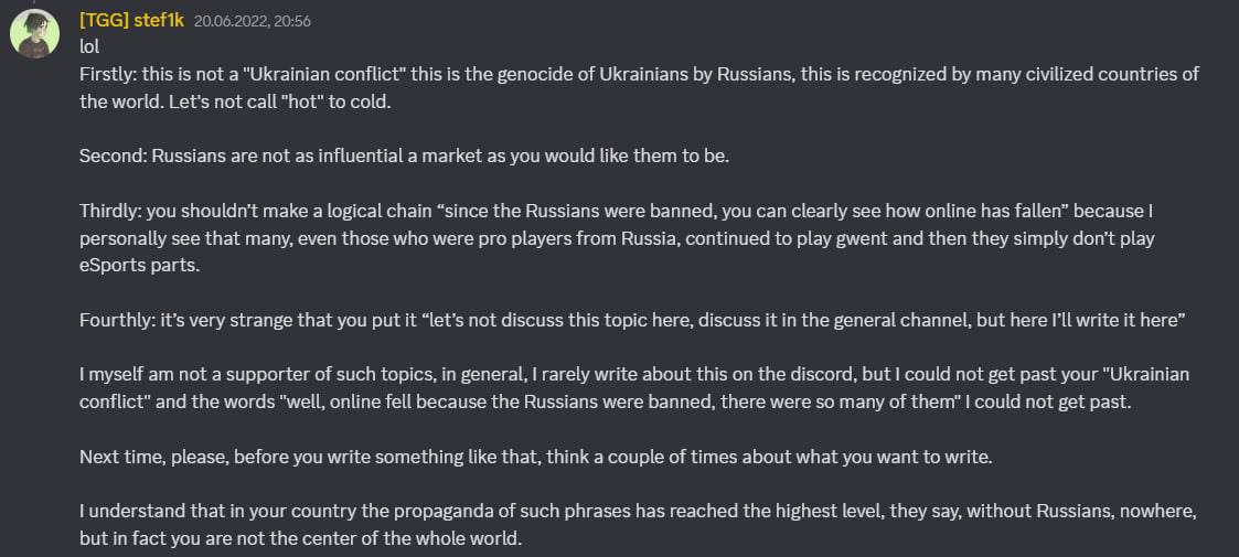 Screenshot from the Gwent partner Discord server: a member of the TgGwent team claims that Russian players in Gwent are insignificant, have no financial importance, and that the opposite is Russian propaganda