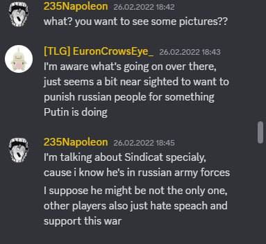 Screenshot from the Gwent partner Discord server: a Black Ukrainian disagrees with a European's point that not all Russians should be punished, and does not leave Russians the right to be apolitical