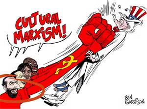 Публикация с изображением «ухмыляющегося торговца», восхваляющая культурный марксизм. Слово «марксисты» часто использовалось как кодовое слово для обозначения евреев и является антисемитизмом, когда на евреев возлагают вину за коммунистические репрессии.