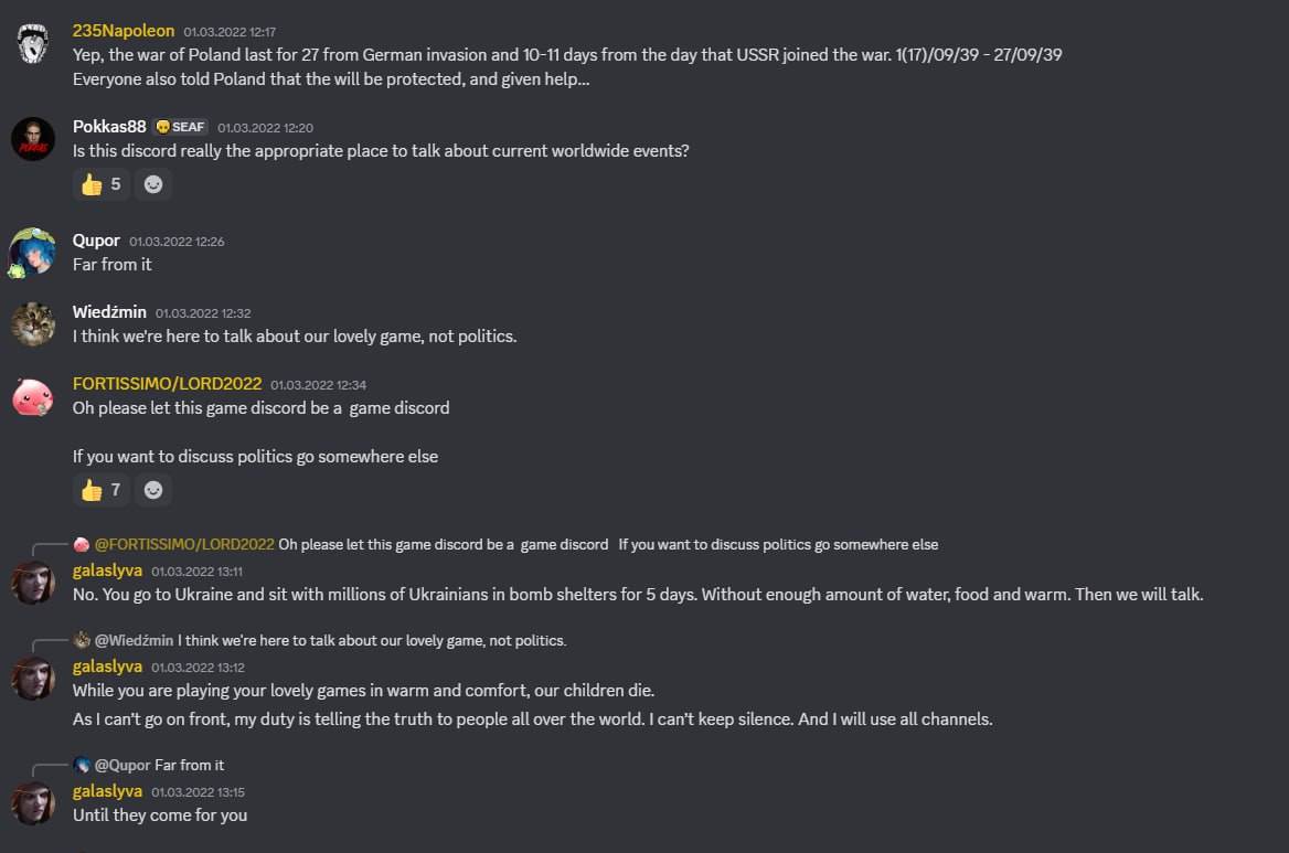 Screenshot from the Gwent partner Discord server: the Black Ukrainian continues his propaganda, but Europeans do not understand why geopolitics is being discussed in the partner Discord server and consider it an inappropriate place for it, while a Ukrainian woman states directly that she is also engaged in propaganda in all channels available to her