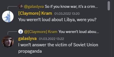 Screenshot from the Gwent partner Discord server: a Ukrainian woman directly accuses a member of the Belarusian-Russian Gwent project 'Claymore', who has a diploma from Moscow State University, of being susceptible to USSR propaganda