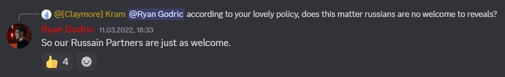 Screenshot from the Gwent partner Discord server: a CDPR representative replies to a member of the Belarusian-Russian Gwent project 'Claymore' that Russian partners will not be stripped of their partner activities