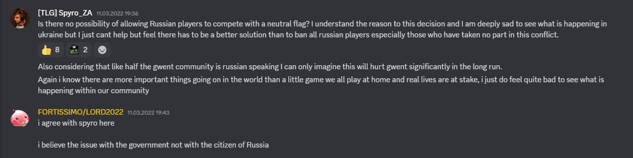 Screenshot from the Gwent partner Discord server: Europeans discuss that they should not ban all Russians, as this will negatively affect Gwent's online player count and the overall well-being of the community, and that the option to compete under a neutral flag should be left open