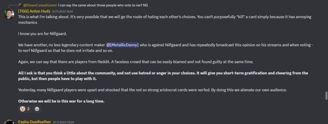 Screenshot from the Gwent partner Discord server: TgGwent team founder Anton Gudz says that one should not use hatred and anger in one's decisions