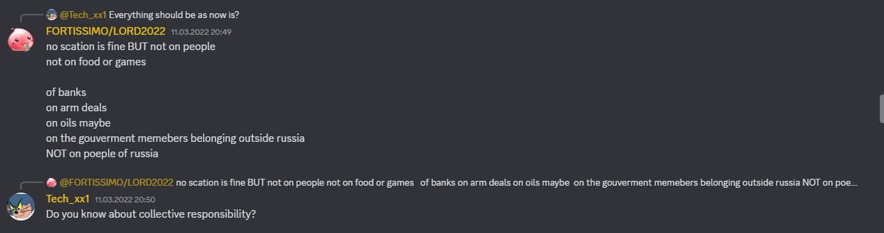 Screenshot from the Gwent partner Discord server: a Ukrainian directly calls for the collective responsibility of all Russians in the game for geopolitical actions