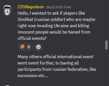 Screenshot from the Gwent partner Discord server: a Black Ukrainian asks for a ban on a pro-player who served in the Armed Forces of the Russian Federation